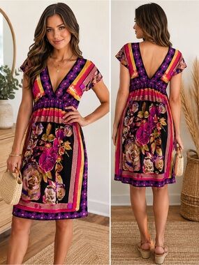 Floral Border Print V-Neck Dress